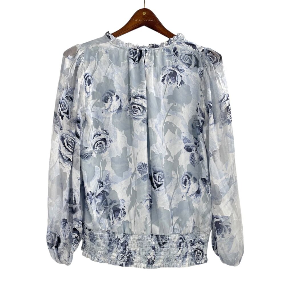 White House Black Market Blue Floral Silk Burnout Smocked Blouse Womens XS - Picture 4 of 9